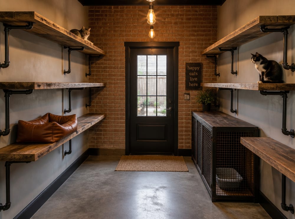 Iron pipe shelving with reclaimed wood platforms and litter cabinet
