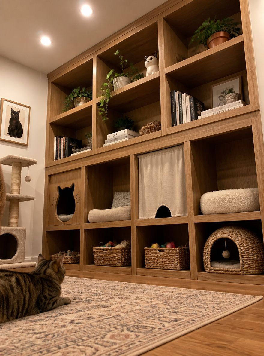 Floor-to-ceiling cubbies with fabric den and toy baskets