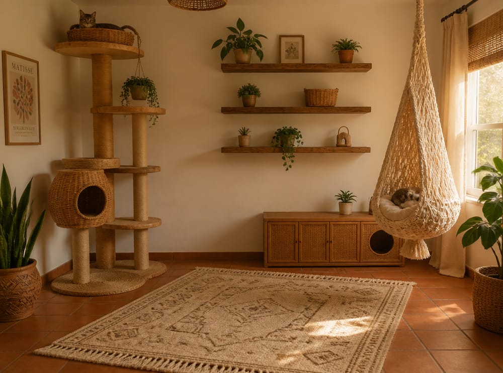 Macramé hammock pod above rattan litter cabinet