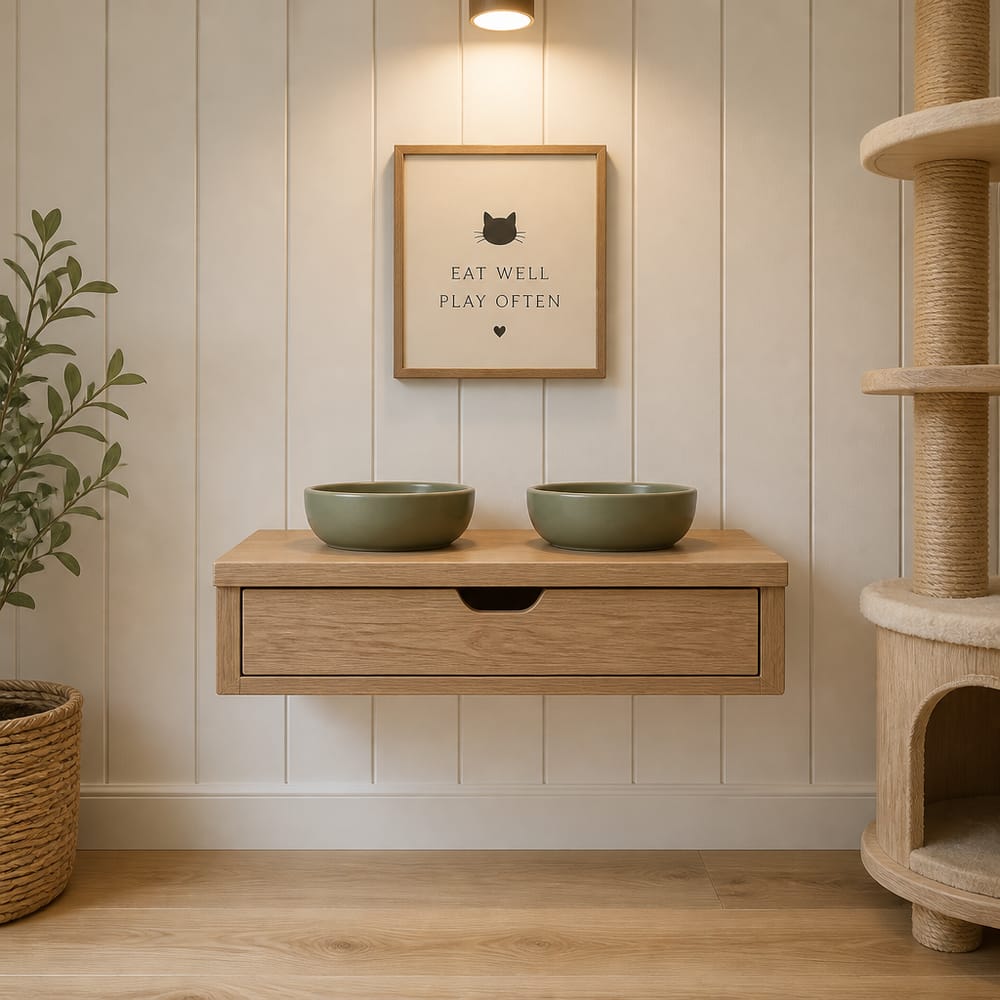 Wall-mounted oak feeding shelf with integrated storage drawer