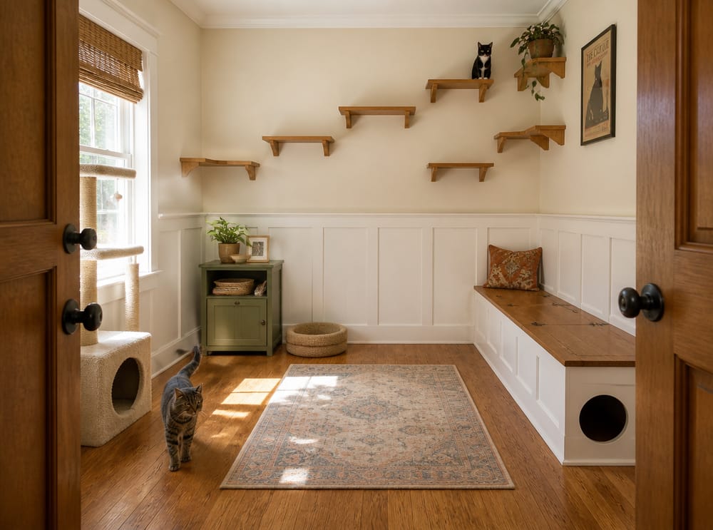 Craftsman wainscoting with stepped oak climbing shelves above