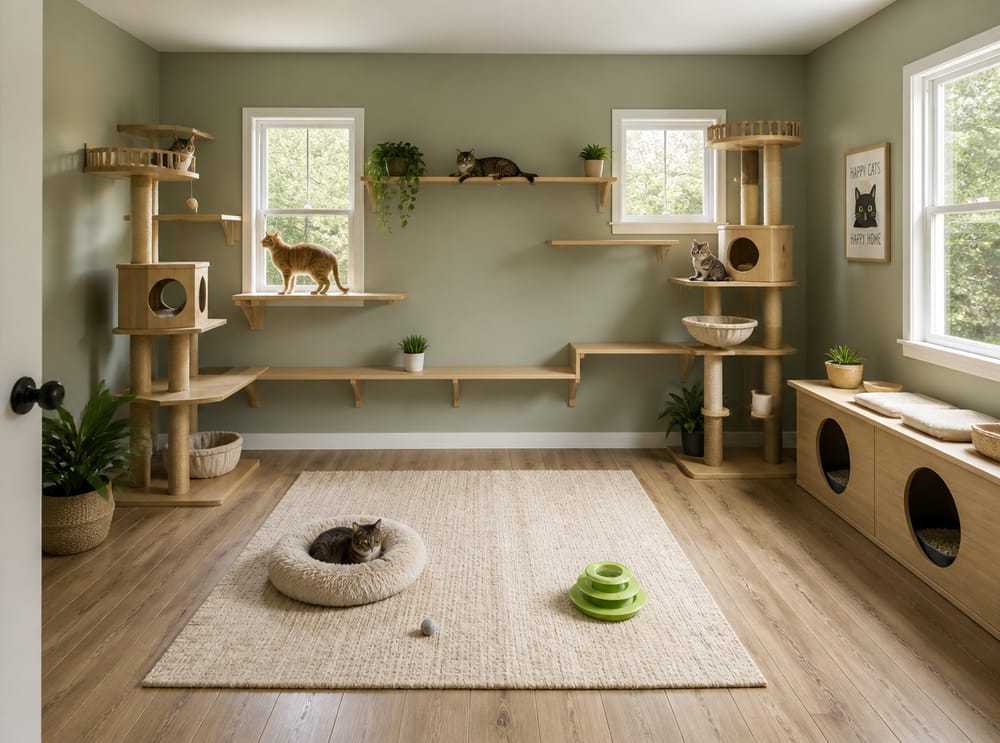 Dual cat trees connected by continuous back-wall shelf run