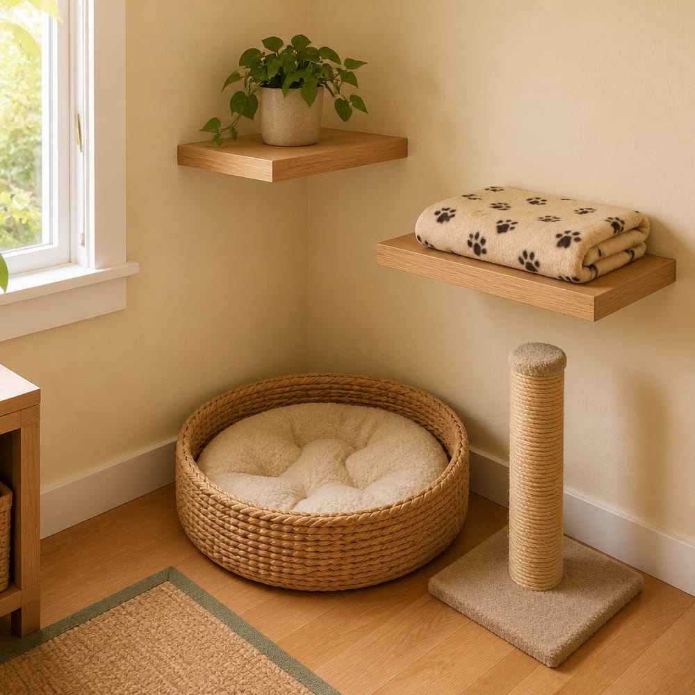 Corner scratching post with woven bed and shelf display
