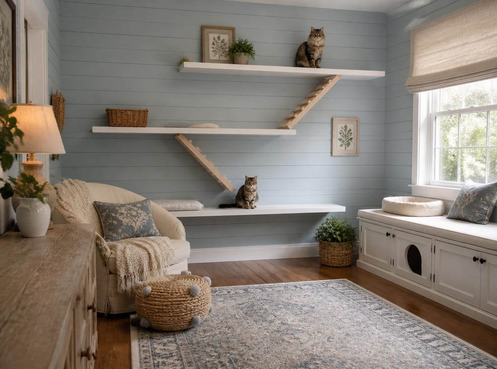 Shiplap back wall with white ramp shelves and storage bench