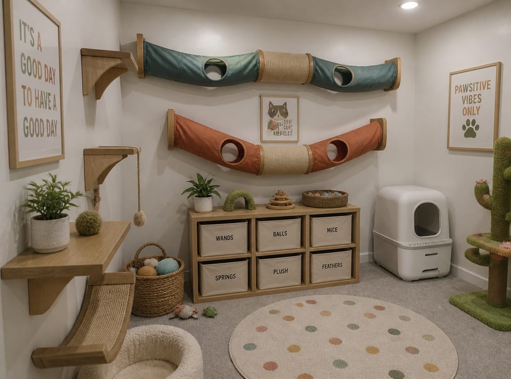 Suspended fabric tunnels above labeled toy bin shelving