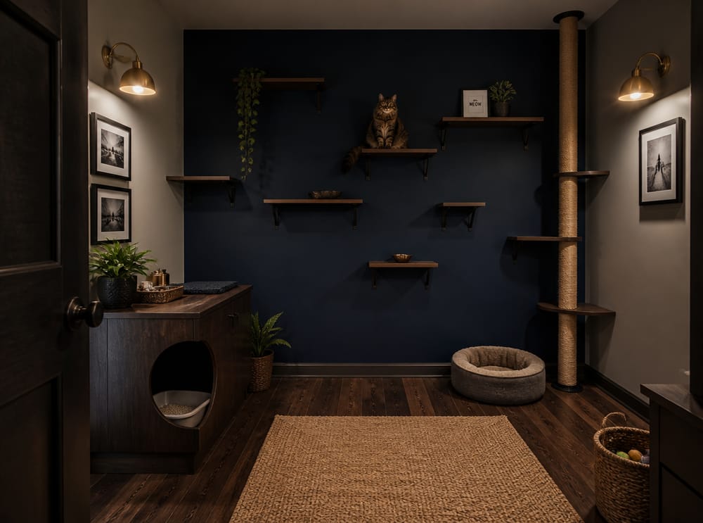 Navy accent wall with brass sconces and sisal floor post