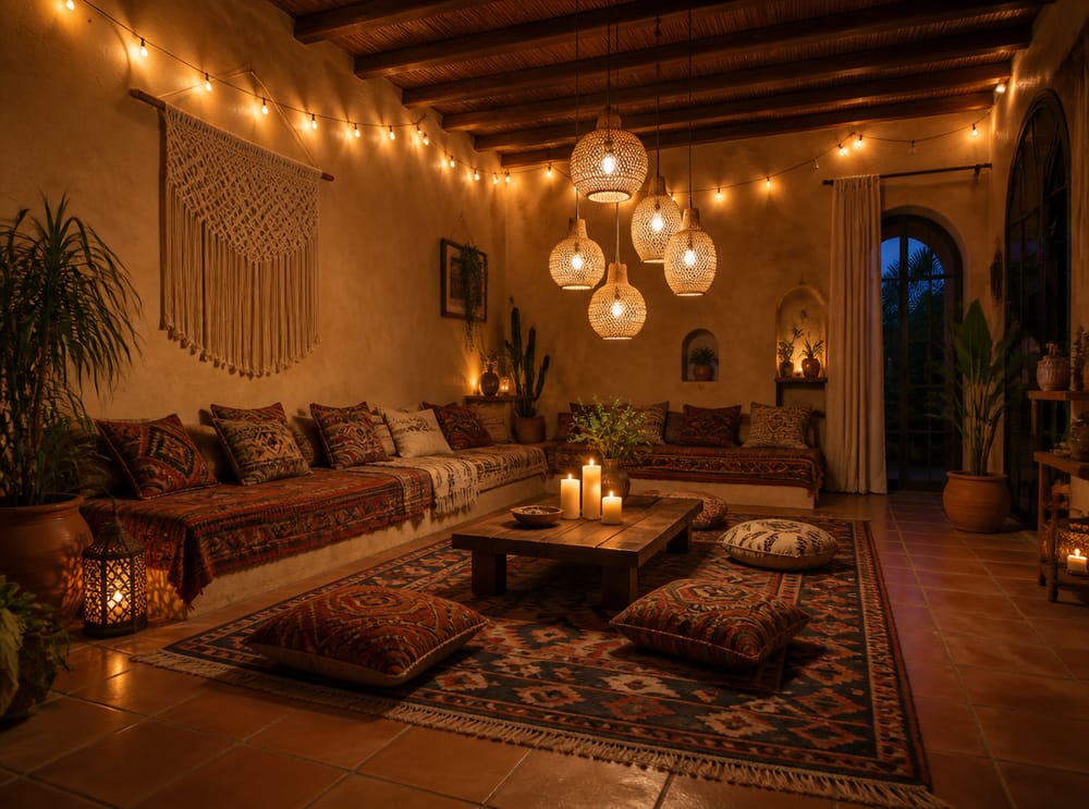 Sospensioni in rattan e luci a filo in stile boho