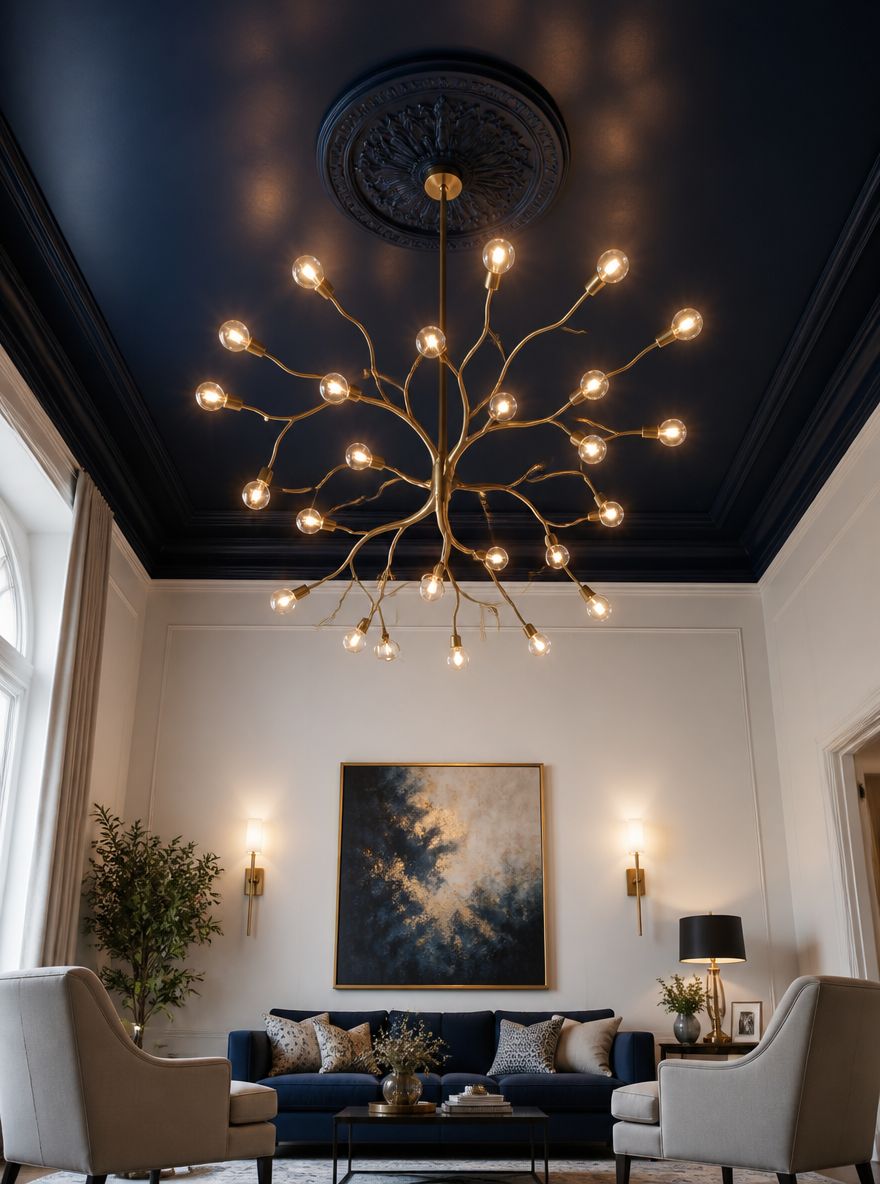 Lampadario scultoreo su soffitto blu navy intenso