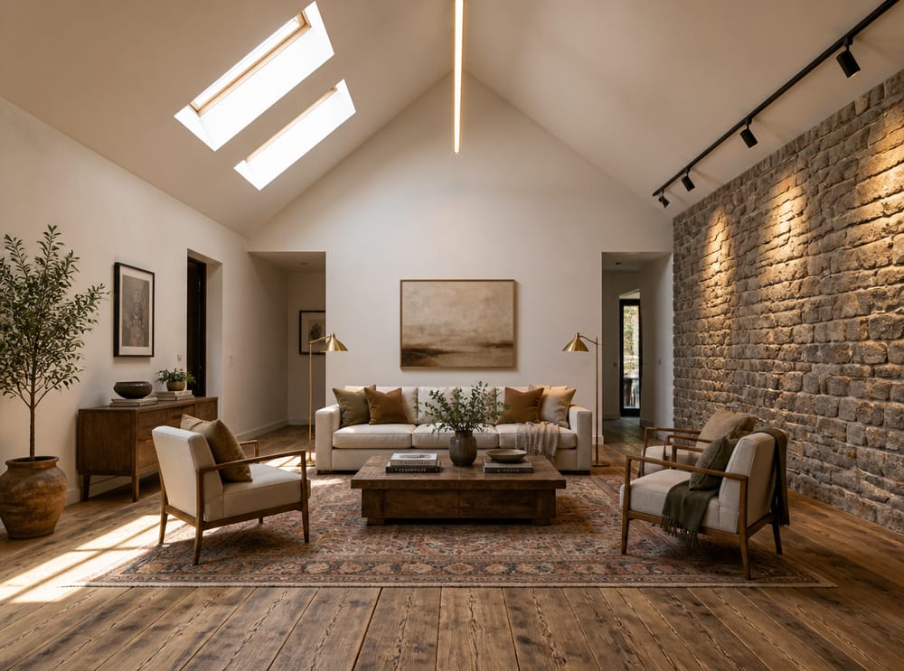 Sospensione lineare su soffitto a volta, muro in pietra illuminato