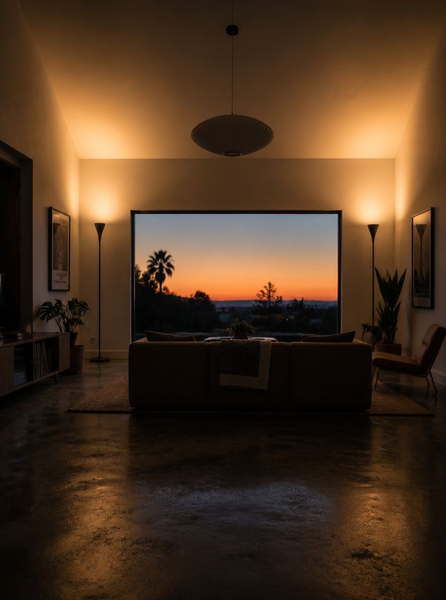 Luci indirette accanto alla finestra panoramica al tramonto