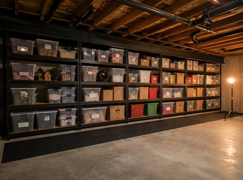 Pared de almacenamiento del piso al techo con cajas etiquetadas