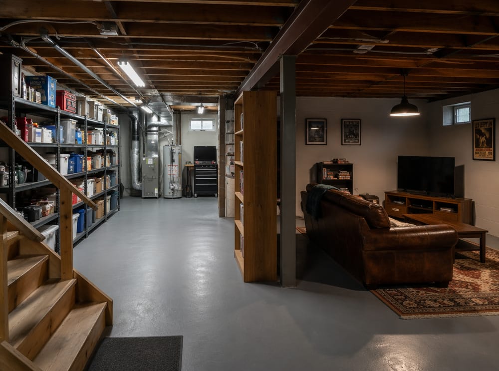 Sótano de dos zonas con estantería divisoria