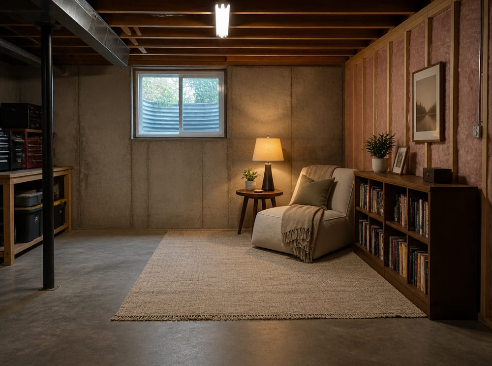 Rincón de lectura con sillón tapizado y estante
