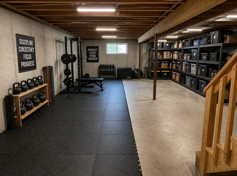 Sótano dividido con losetas fitness y estantería de almacenamiento