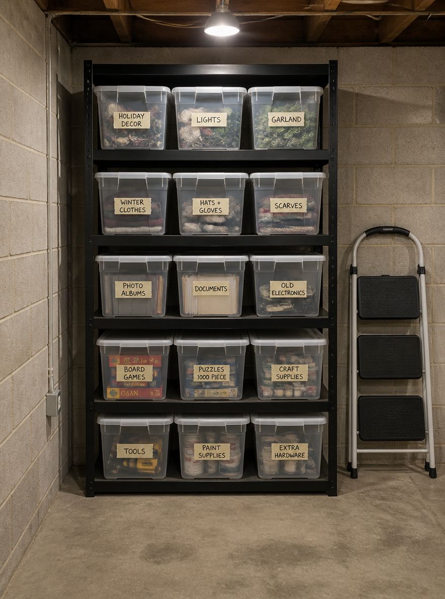 Estantería de metal alta con cajas etiquetadas con cinta adhesiva