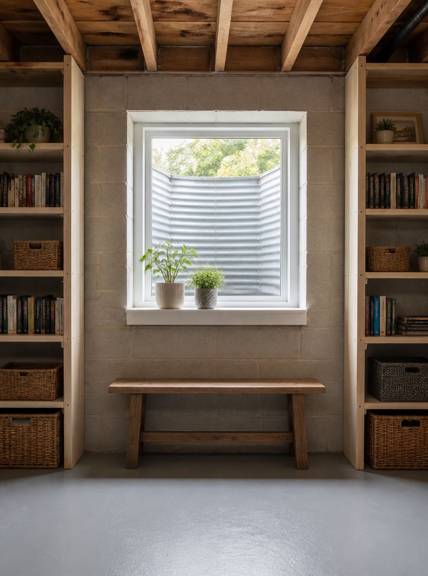 Rincón de ventana inglesa con plantas y estantes laterales