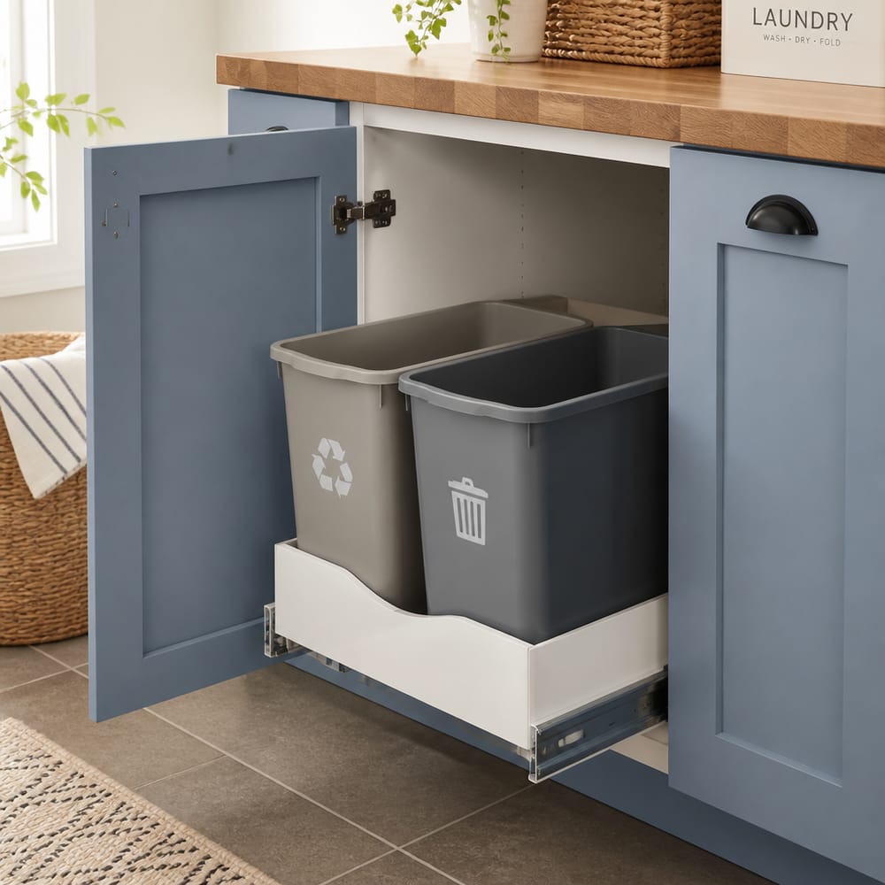 Wysuwane pojemniki na recykling w przygaszonej niebieskiej dolnej szafce