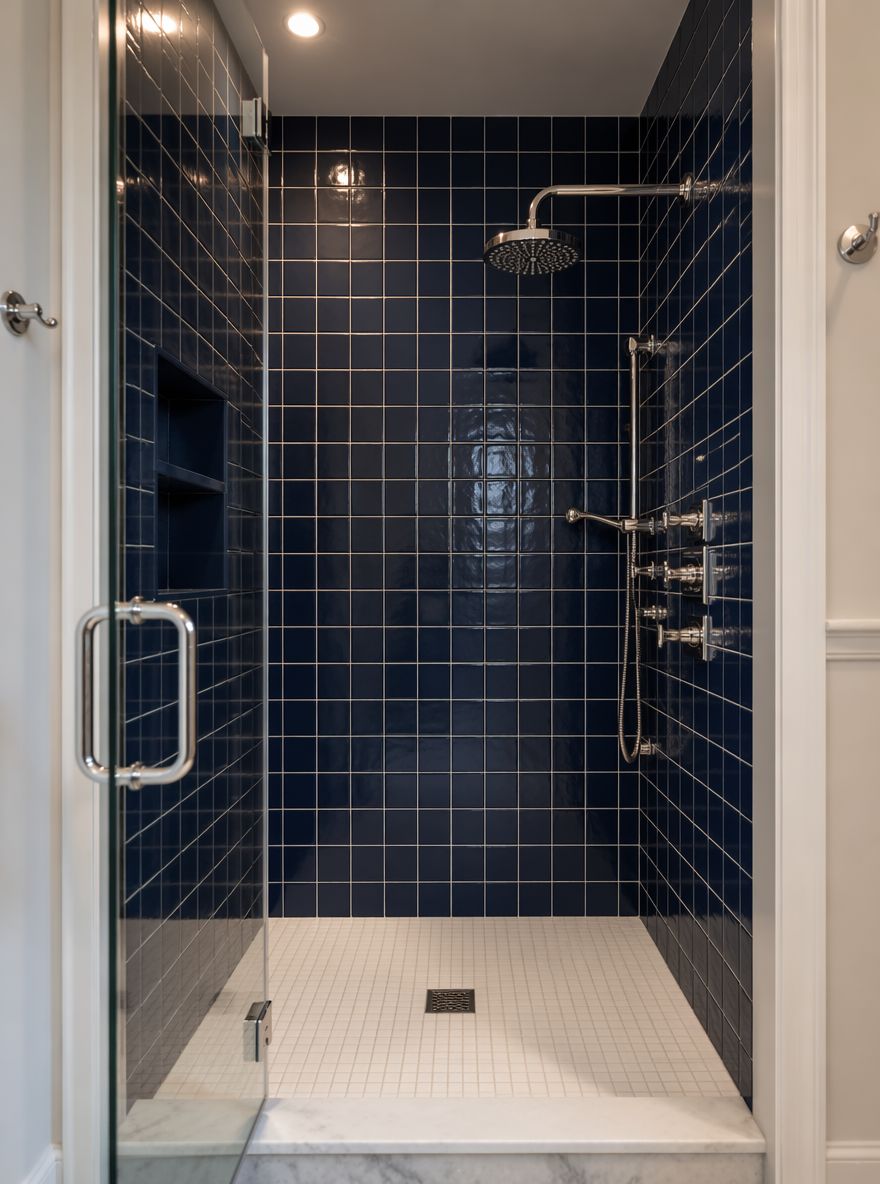Azulejo azul marino en cuadrícula, contraste con piso mosaico blanco