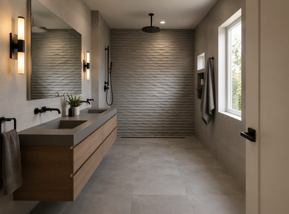 Azulejo de concreto en baño húmedo, pared de acento 3D ondulada