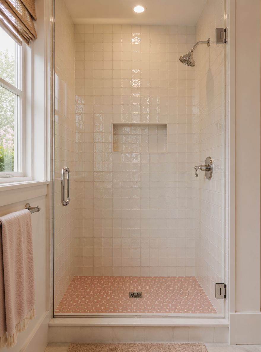 Azulejo blanco con esmalte craquelado, piso hexagonal rosa