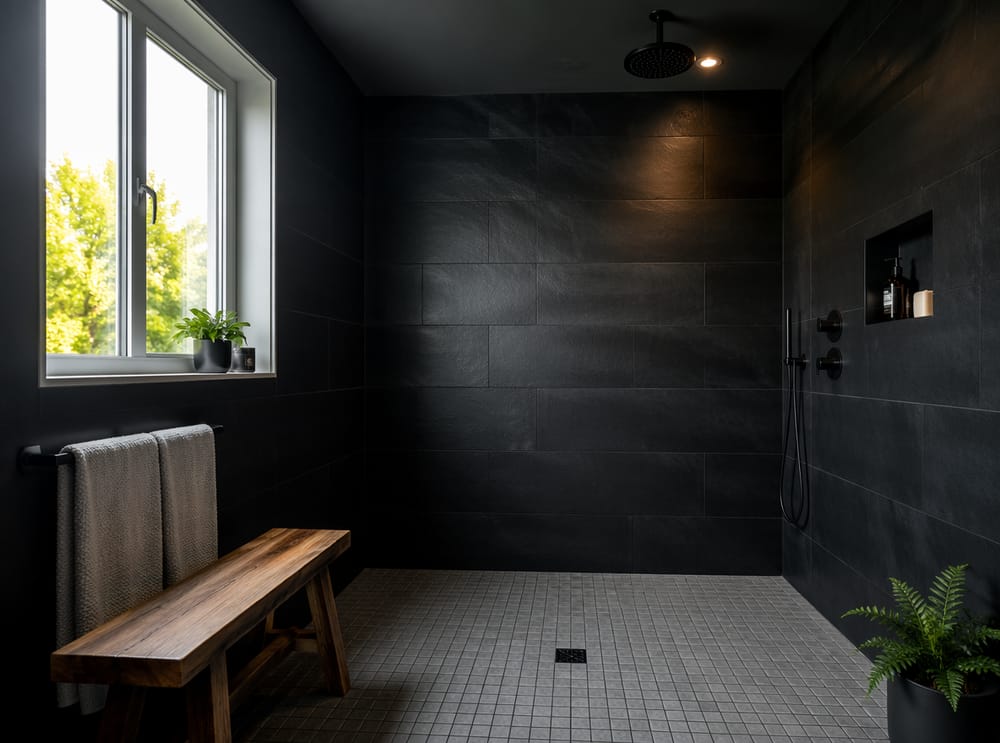 Azulejo negro mate texturizado, baño húmedo de alto contraste
