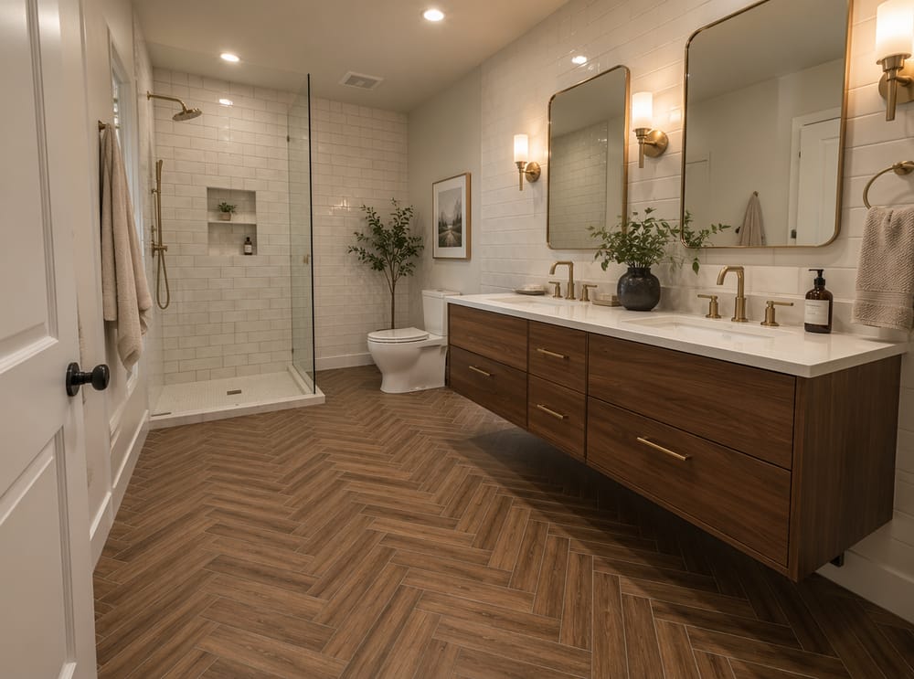 Porcelana imitación madera en espiga para un baño moderno