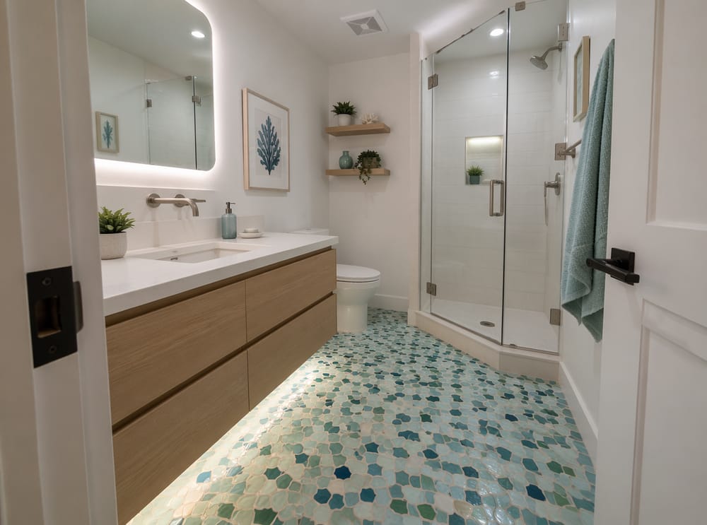 Baldosas mosaico vidrio de mar iluminan un baño compacto