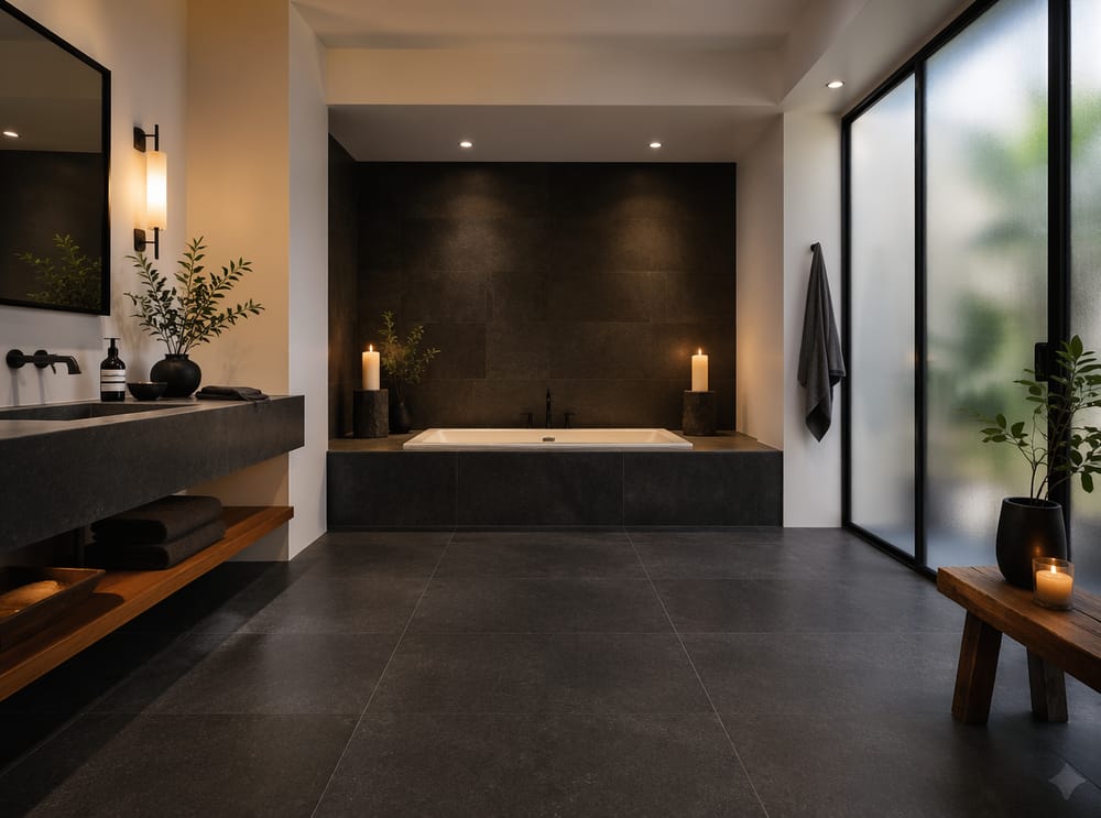 Baldosas de basalto mate en un baño estilo spa