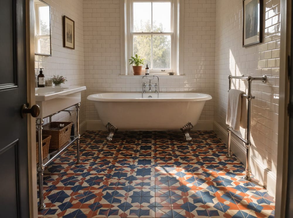Baldosas de cemento con diseño anclan un baño vintage