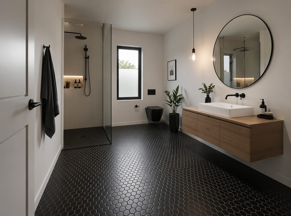 Mosaico hexagonal negro mate junto a paredes blancas