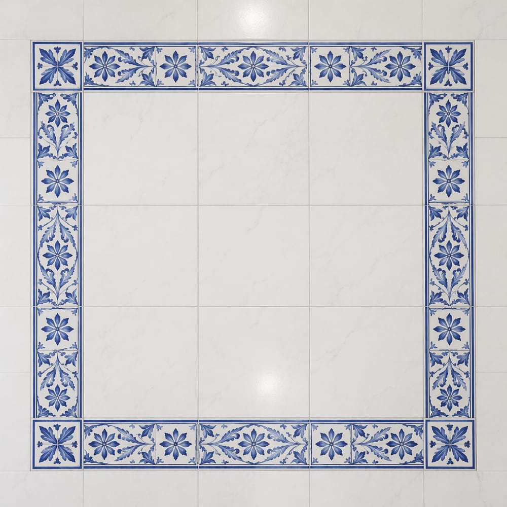Baldosas tipo Delft como borde sobre porcelana blanca
