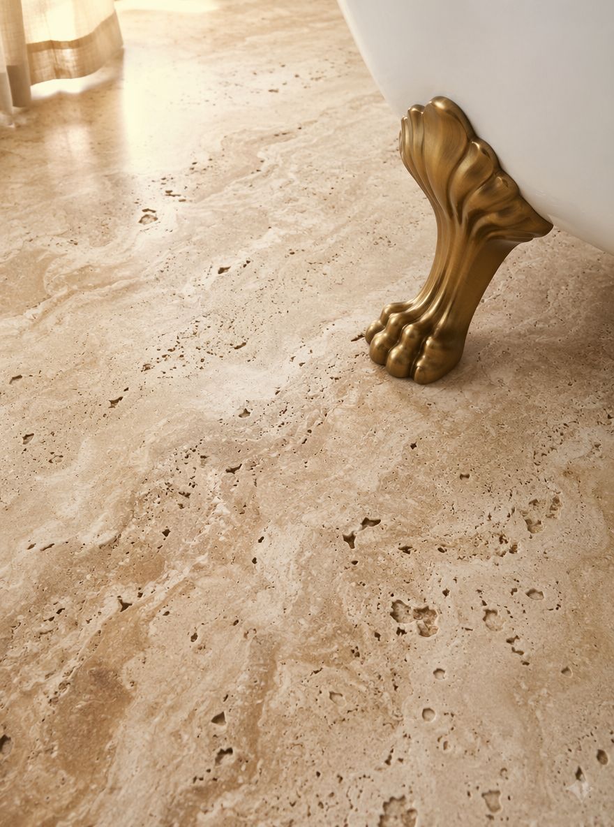 Textura de travertino bajo una tina con patas de latón