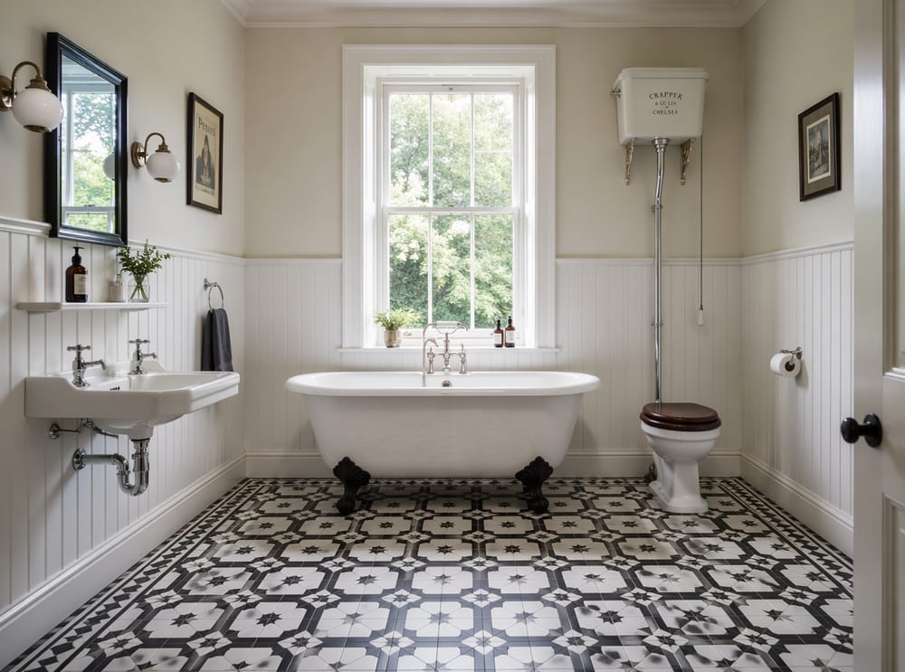 Baldosa geométrica victoriana en un baño de época