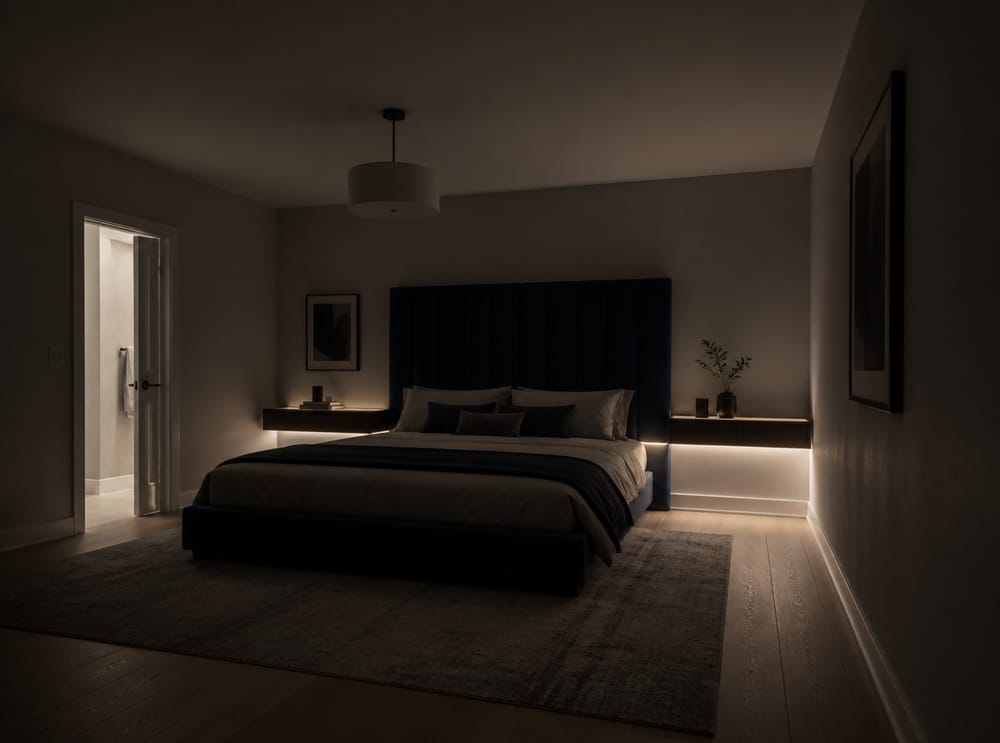 Komodin altı LED şeritleriyle king yatak çerçevesi