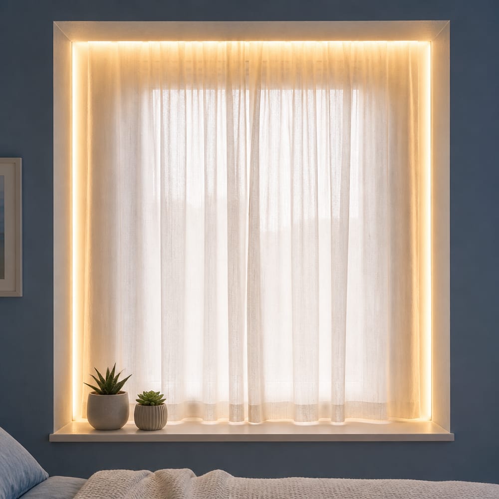 LED çerçeveli pencere nişi ve parlak tül perdeler
