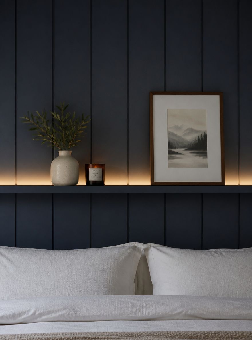 Shiplap duvarda raf altı LED ışık çizgisi