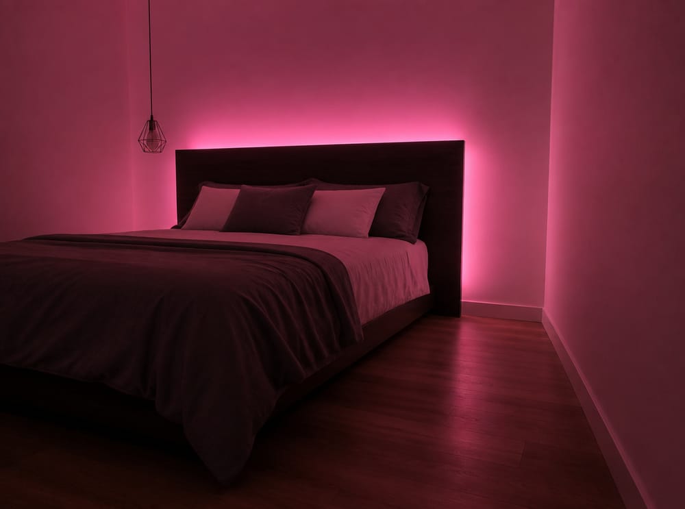 Koyu ahşap başlık arkasında gül pembe RGB ışık