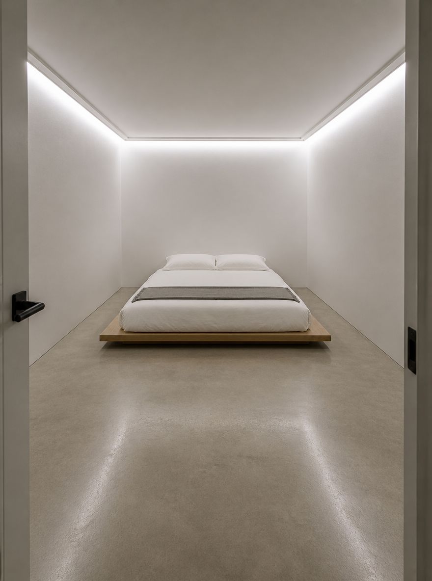 Tavana içe bakan şeritlerle minimalist oda
