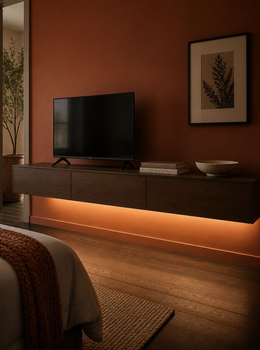 Terracotta zeminde altı sıcak LED şeritli medya ünitesi