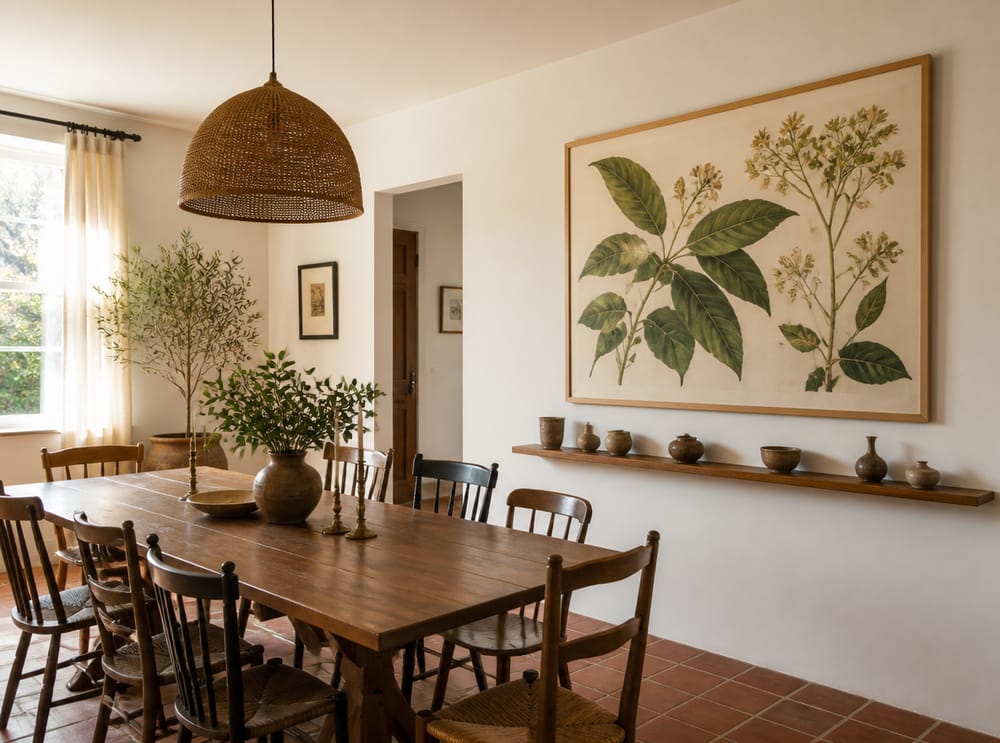 Botaniczny plakat z ceramiczną półką poniżej