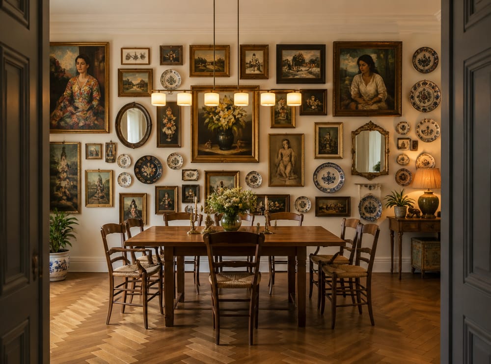 Maksymalistyczna galeria z obrazami, lustrami i talerzami