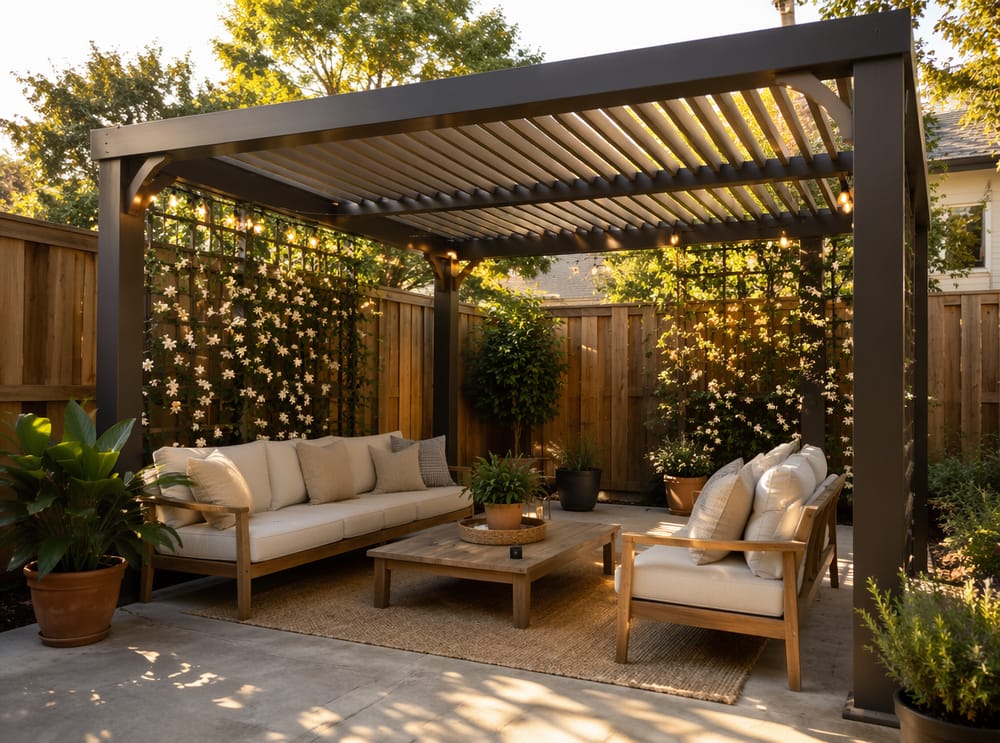Pérgola con lamas y jazmín trepador sobre celosía