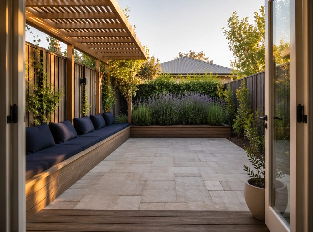 Banco integrado bajo pérgola con macetero de lavanda