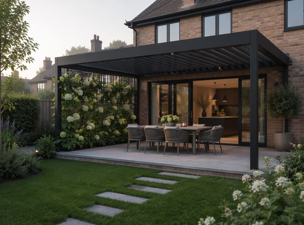 Pérgola de acero con panel de celosía y hortensia trepadora