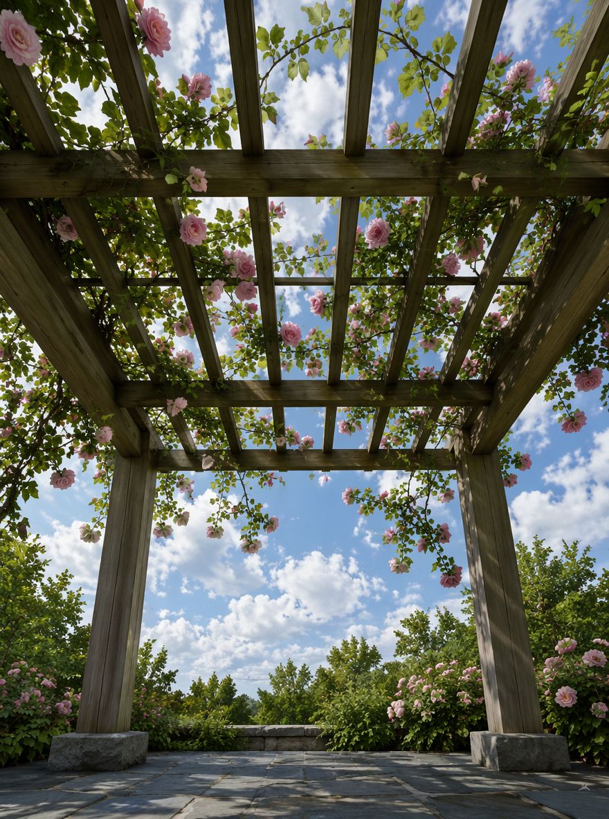 Rosas trepadoras entrelazadas en lamas del techo de pérgola