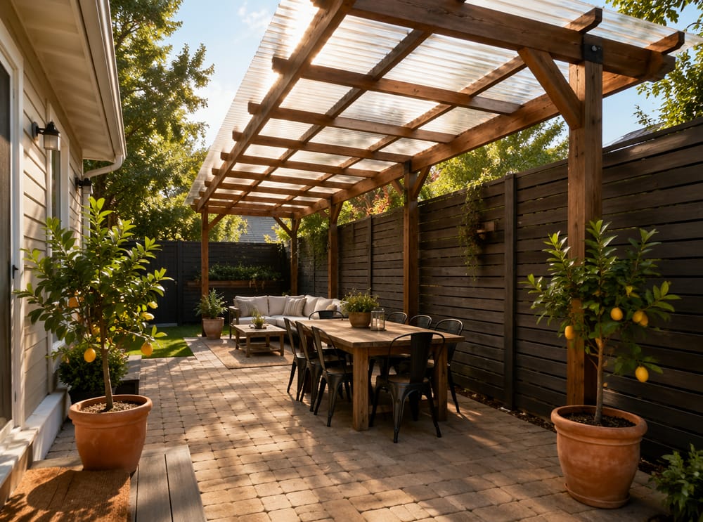 Pérgola con techo de policarbonato junto a cerca horizontal oscura
