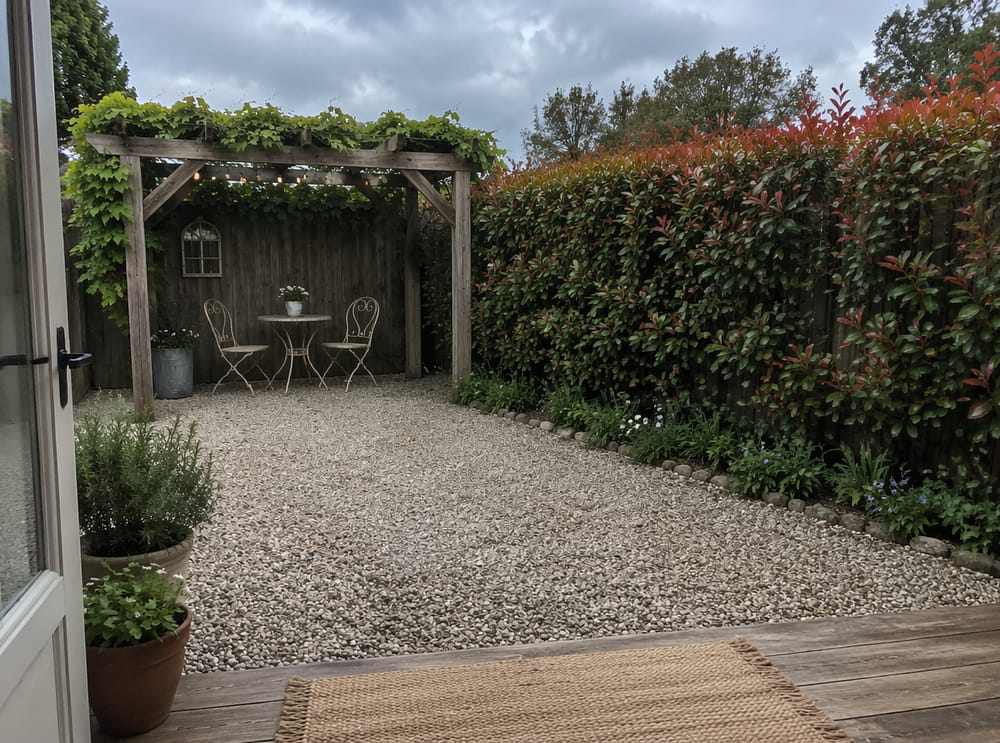 Pérgola de madera recuperada en rincón de grava con fotinia