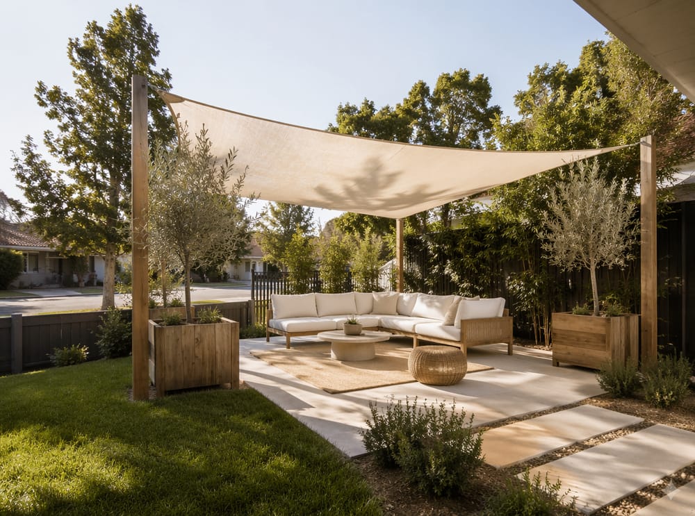 Pérgola de lona flanqueada por jardineras de olivo