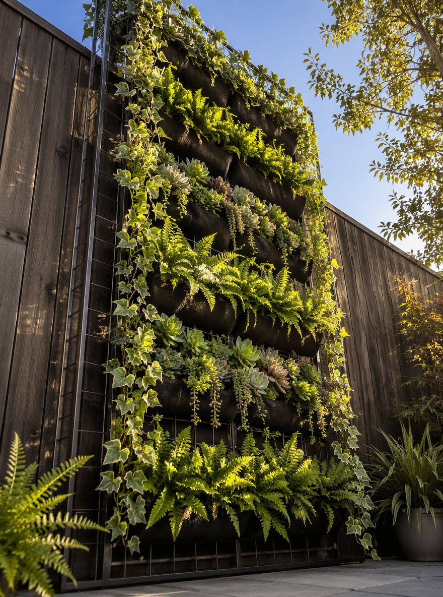 Muro verde con panel de hiedra, helechos y suculentas