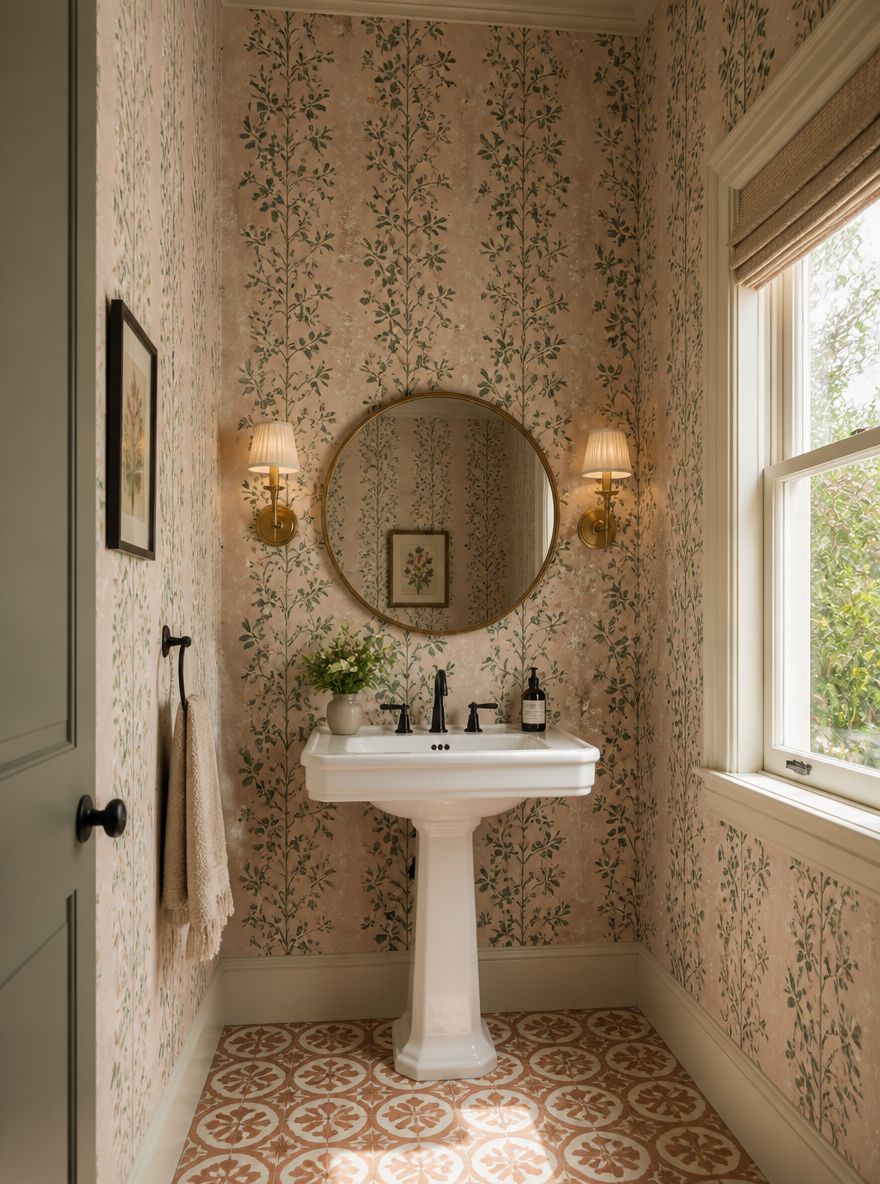 Trailing vine pattern floor to ceiling, powder room
